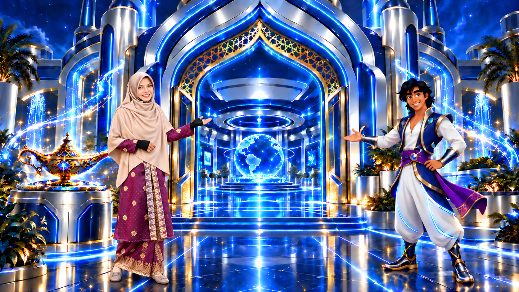 Gerbang futuristik bersama penyambut wanita dan Aladdin berwarna biru, perak dan emas