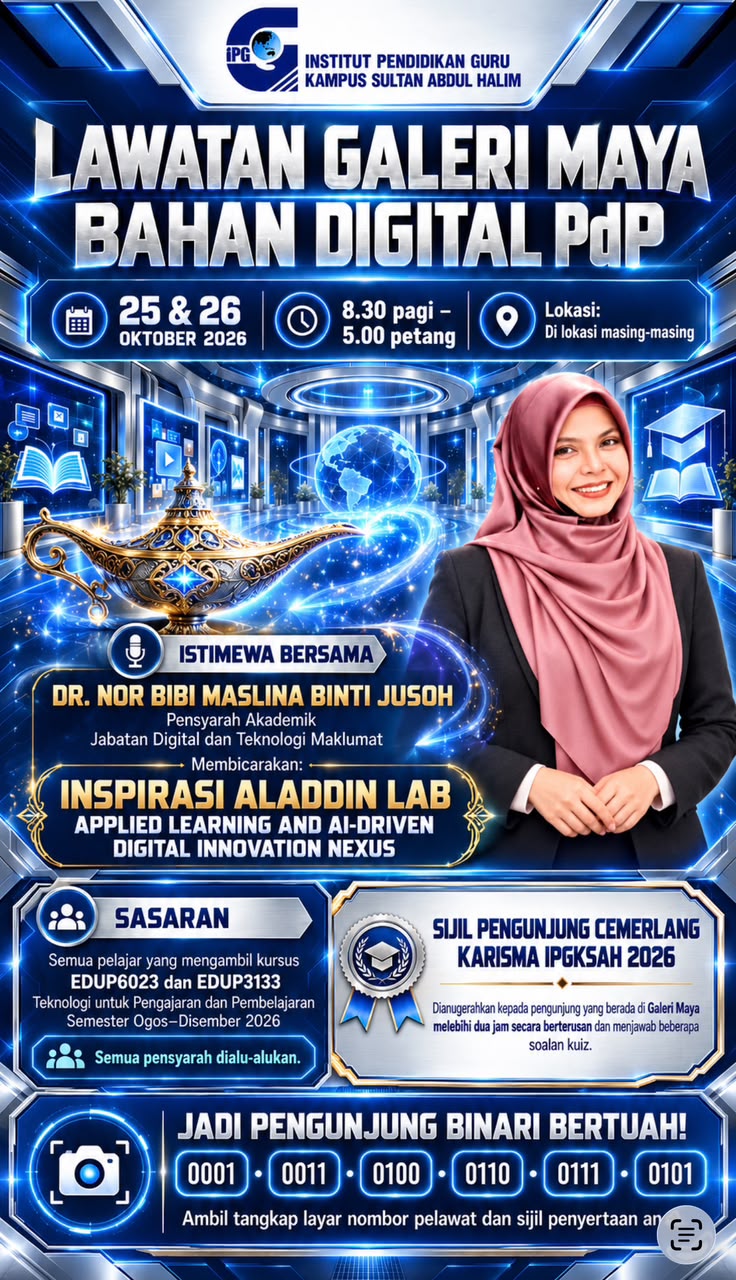 Poster Lawatan Galeri Maya Bahan Digital PdP pada 25 dan 26 Oktober 2026 dengan syarat sijil dan enam nombor binari